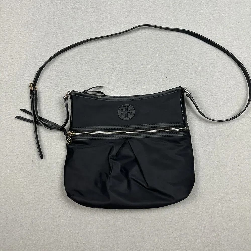 Tory Burch Black Nylon Slingback Crossbody Bag Gold Accents Lightweight W/COA